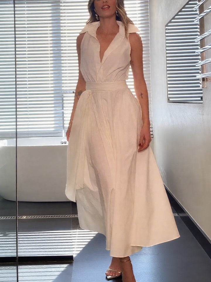 Elegant Shirt-Collar Sleeveless Midi Dress with Self-Tie Waist