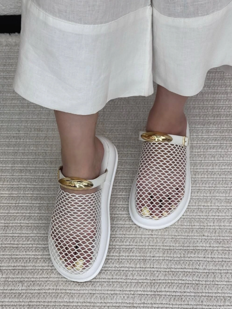 Woven Mesh Cutout Metal Trim Flat Sandals
