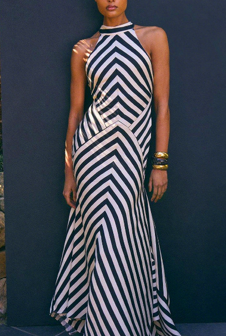 Geometric - Print Halter - neck Maxi Dress