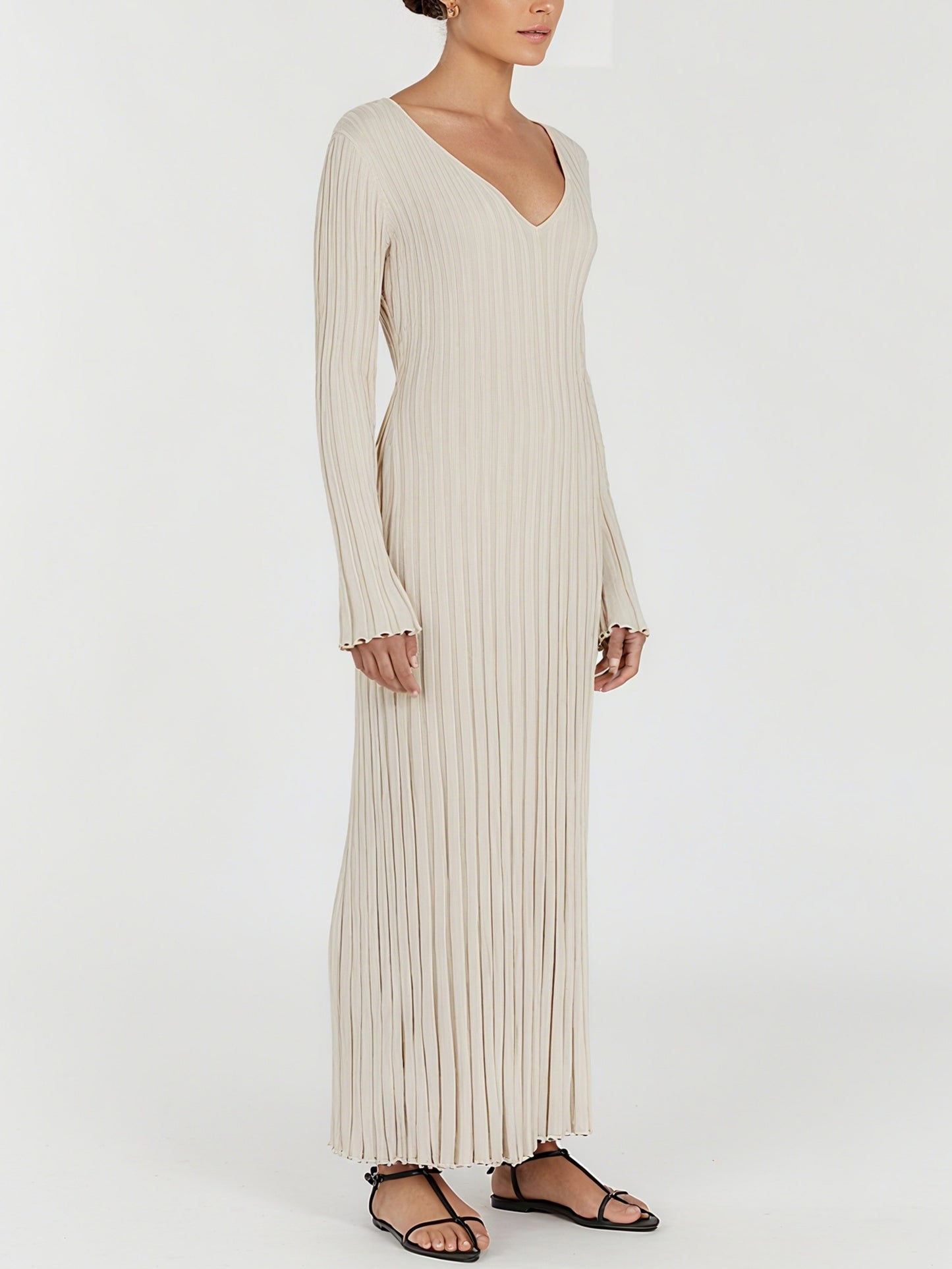 Elegant Stone Sleeved V-neck Knit Maxi Dress