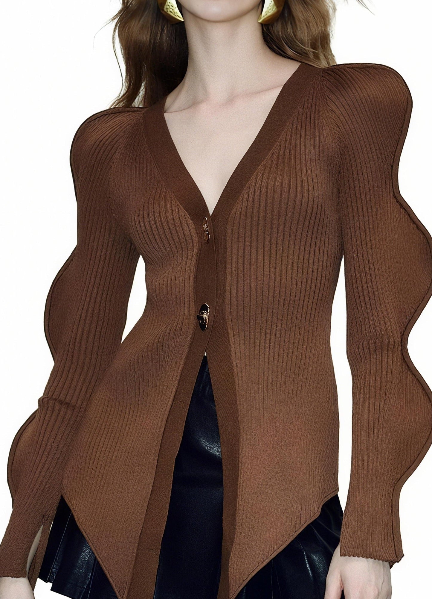 Stylish Knit Long Wave Sleeve V - Neck Cardigan