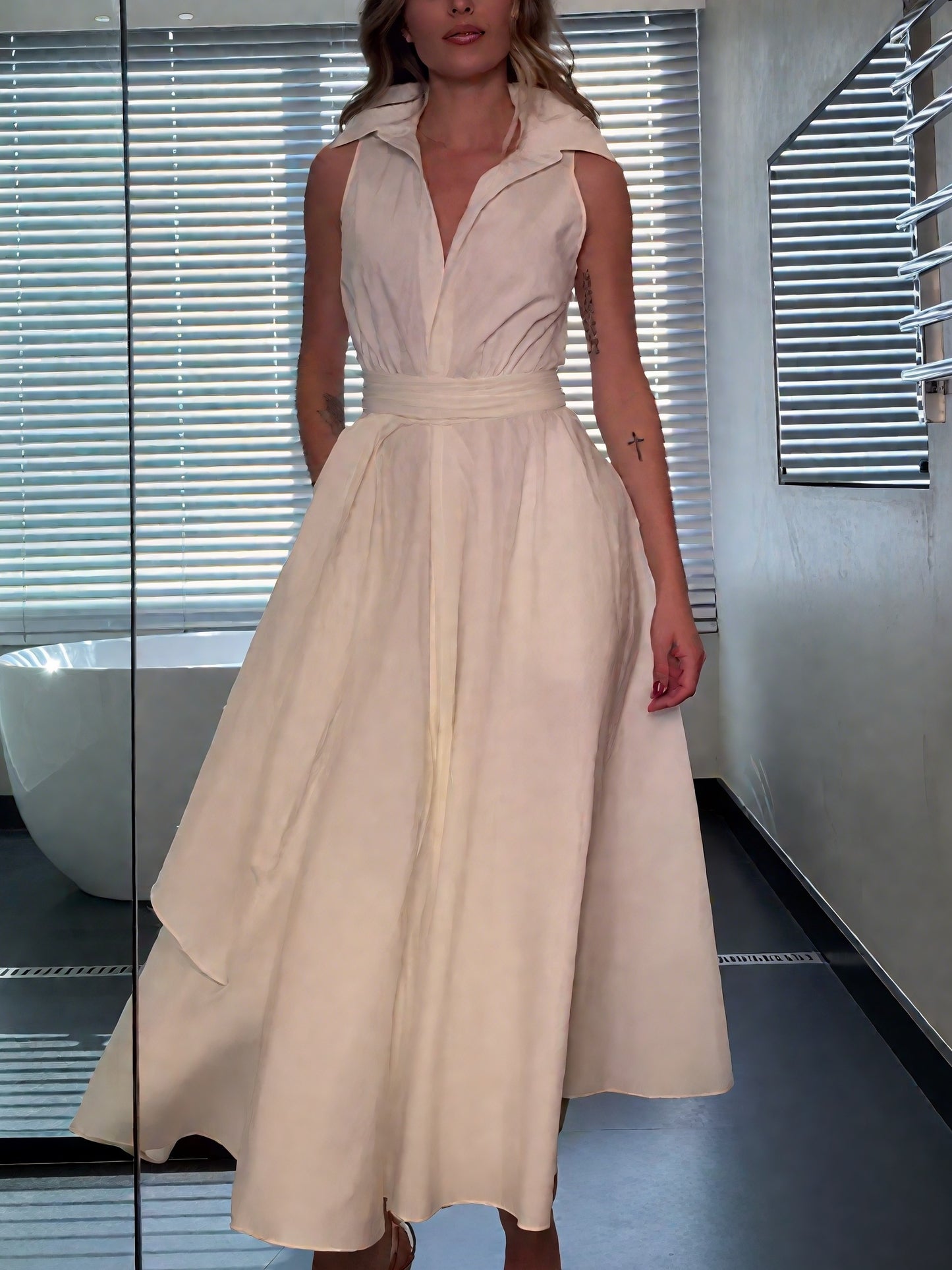Elegant Shirt-Collar Sleeveless Midi Dress with Self-Tie Waist
