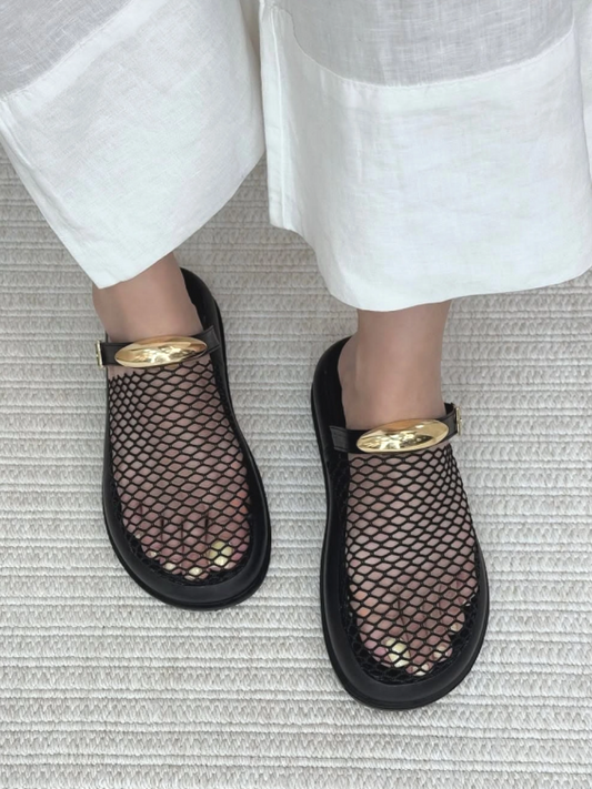 Woven Mesh Cutout Metal Trim Flat Sandals