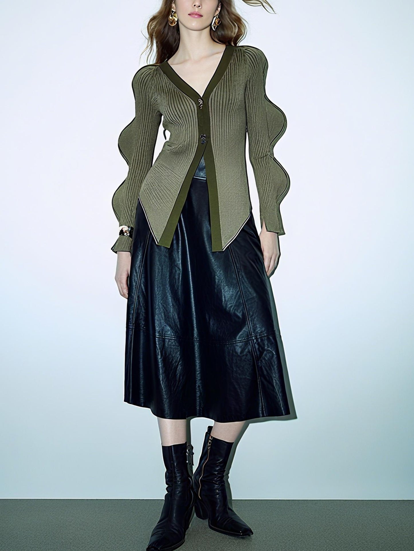 Stylish Knit Long Wave Sleeve V - Neck Cardigan
