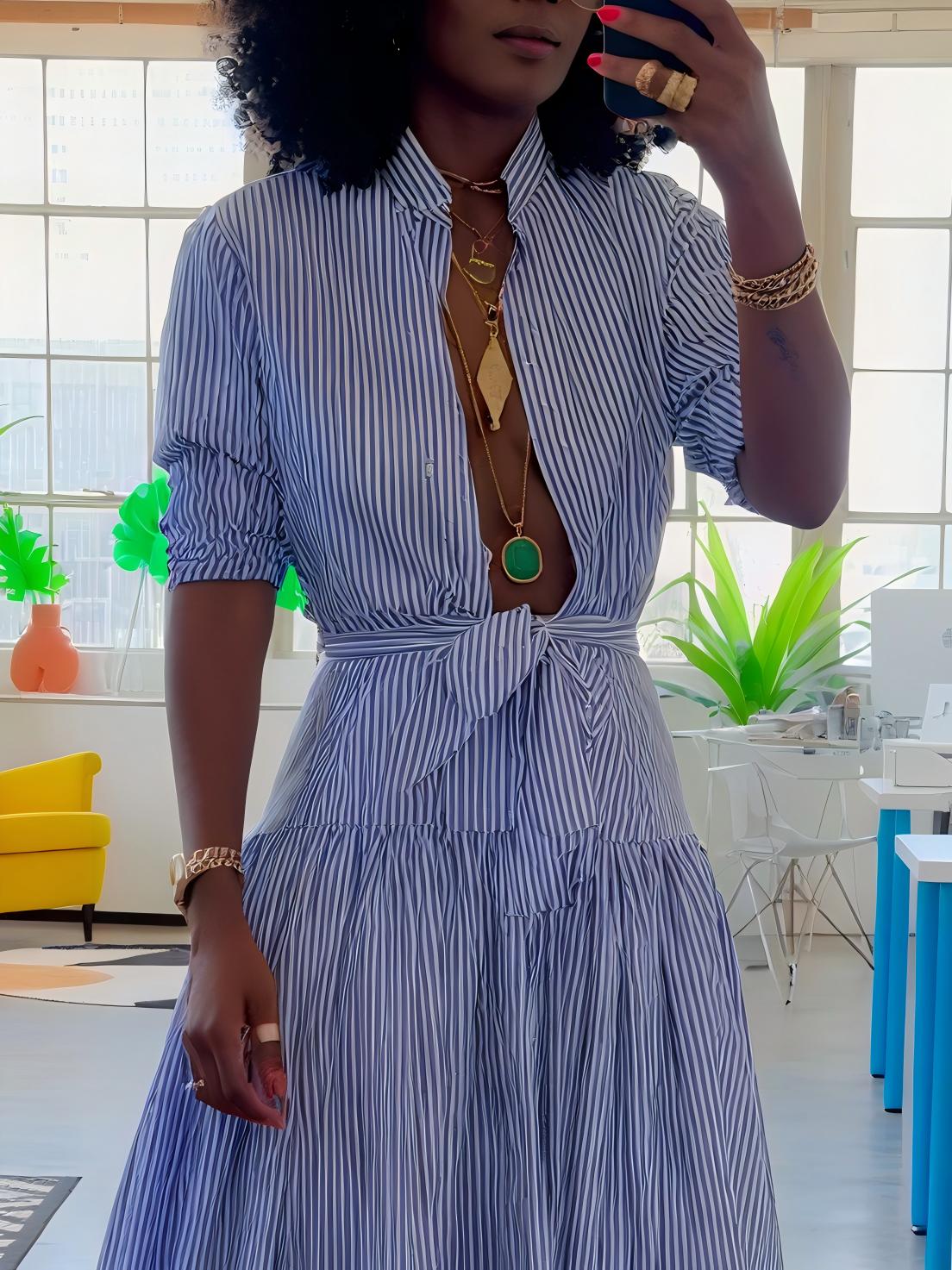 Stylish Blue Striped Button - Down Shirt with Tie