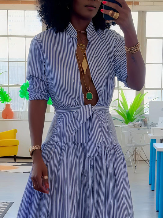 Stylish Blue Striped Button - Down Shirt with Tie
