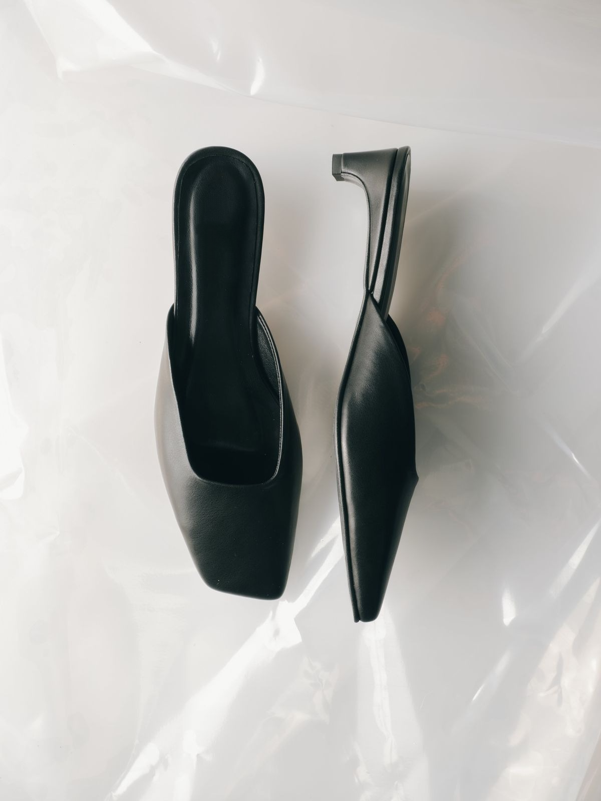 Black Leather Slip - on Heeled Mules