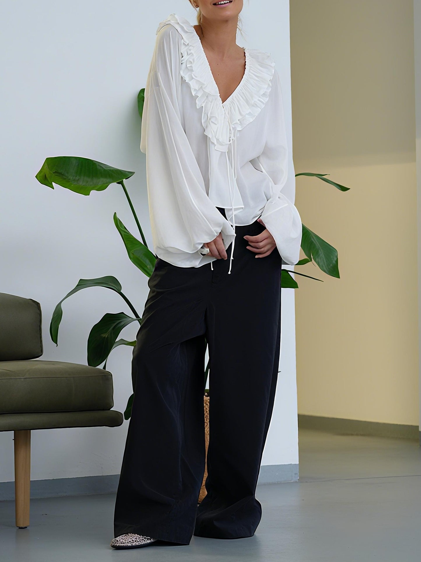 Elegant Ruffled Collar White Blouse
