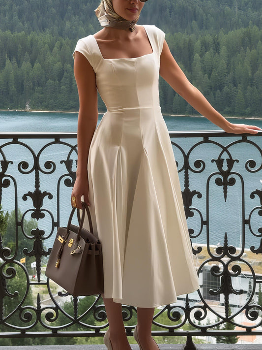 Elegant Square Neckline White Sleeveless Dress