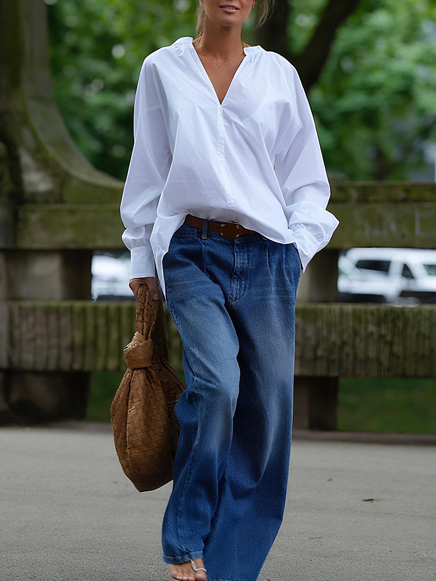 Stylish White V - Neck Blouse