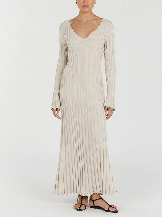 Elegant Stone Sleeved V-neck Knit Maxi Dress