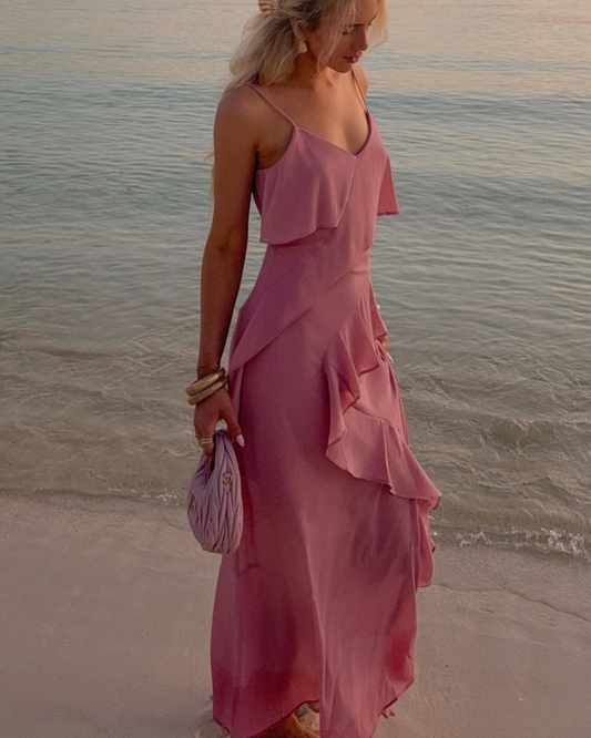 Elegant Pink Spaghetti Strap Maxi Dress
