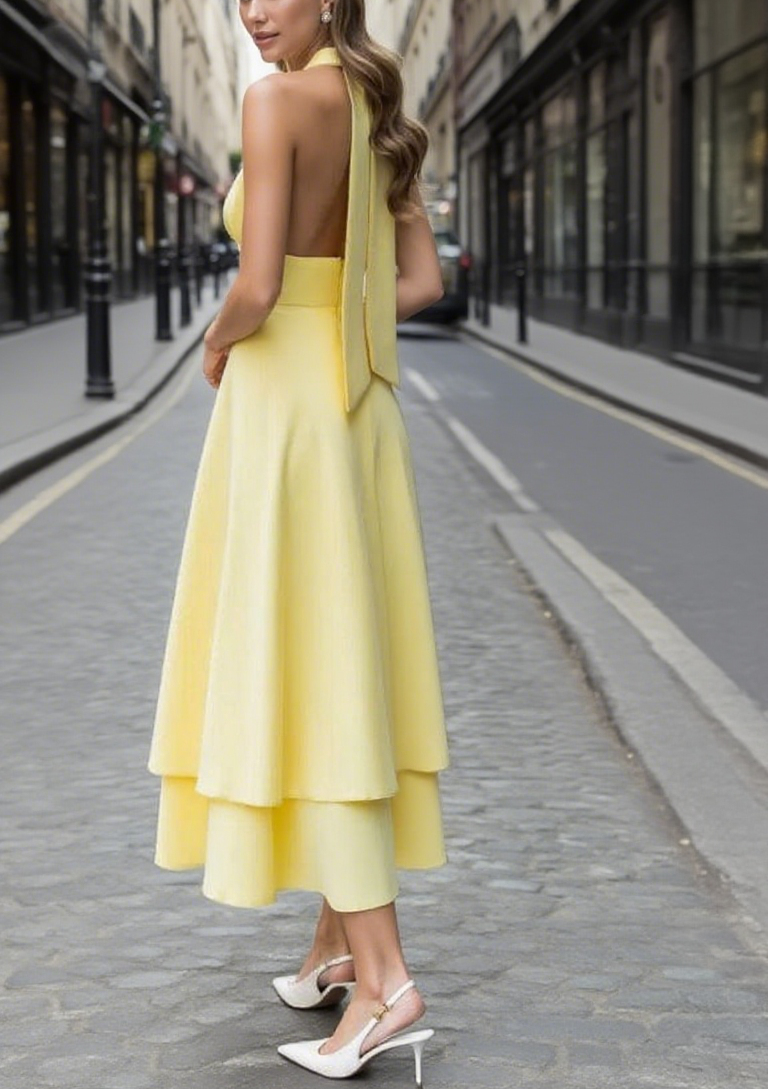 Elegant Halter - neck Yellow Midi Dress
