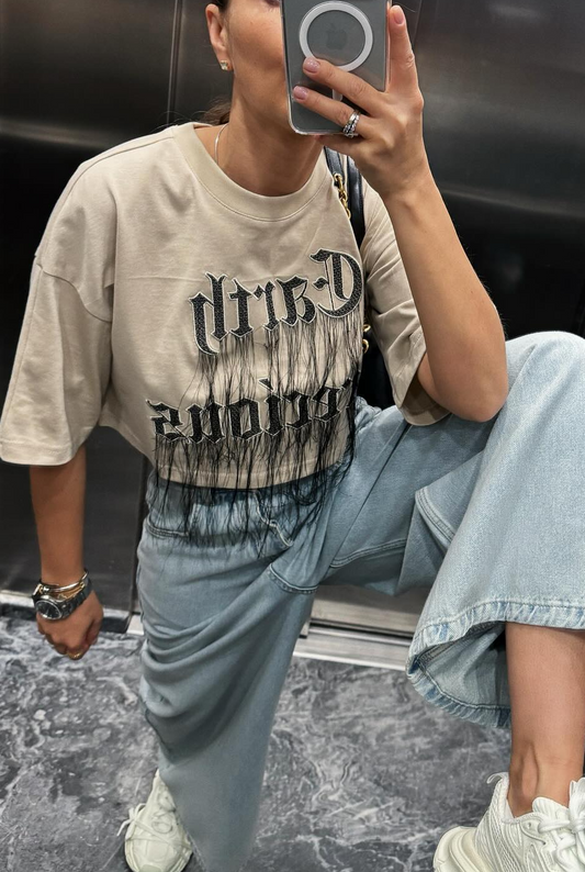Trendy Letter Fringe Short Sleeve Top