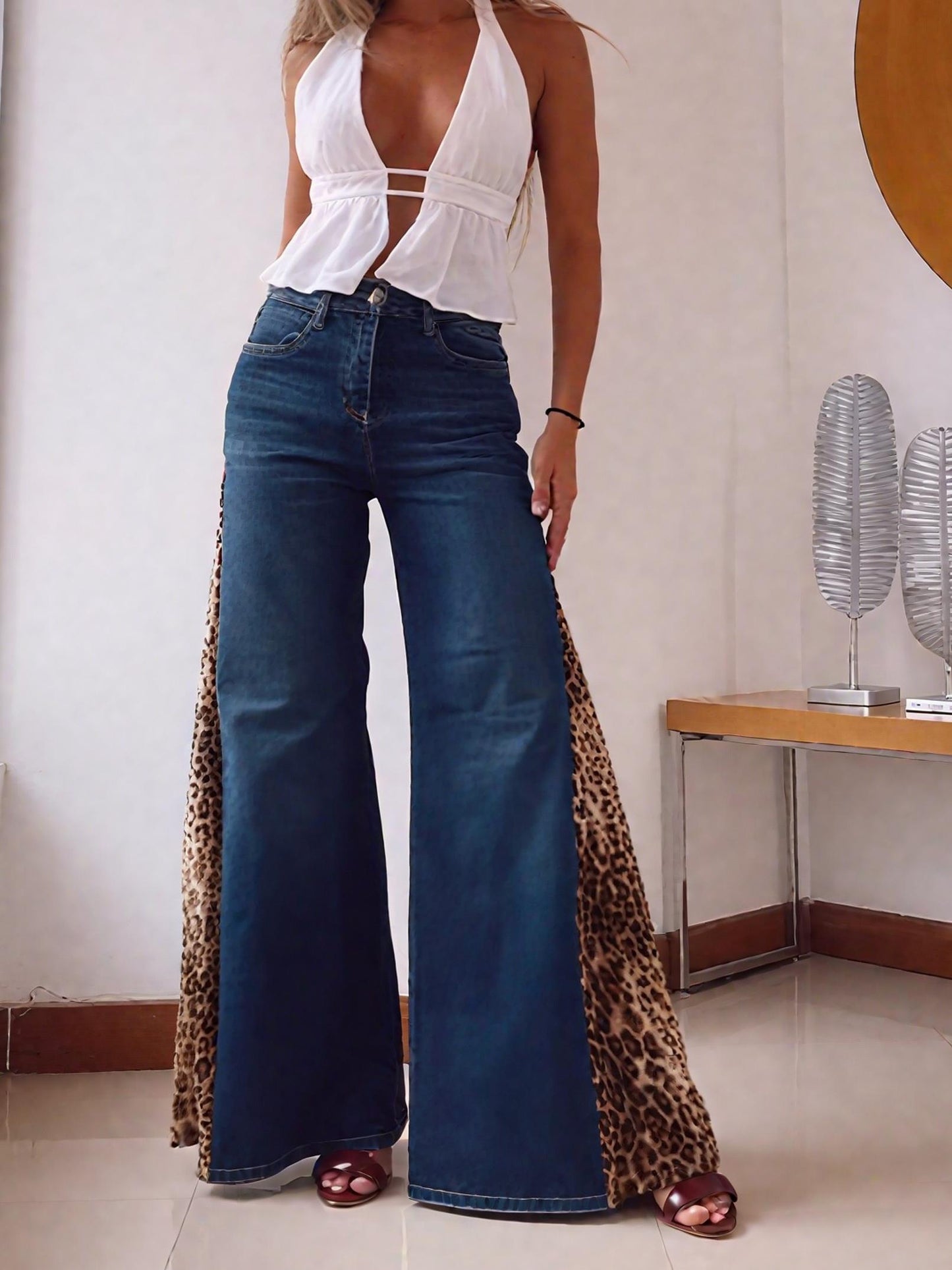 Trendy Denim Jeans with Leopard - Print Side Panels